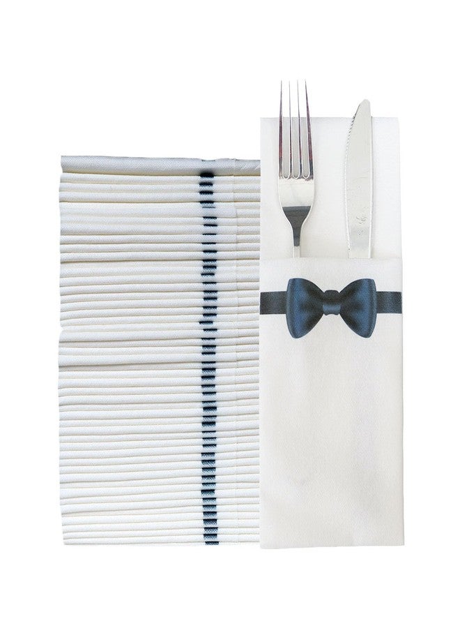 JEBBLAS Disposable Cloth Like Napkins, Built-in Flatware Pocket, Wedding Party Linen Feel White Napkin, Prefolded for Silverware, Bowtie Print 50 Count - Image 1